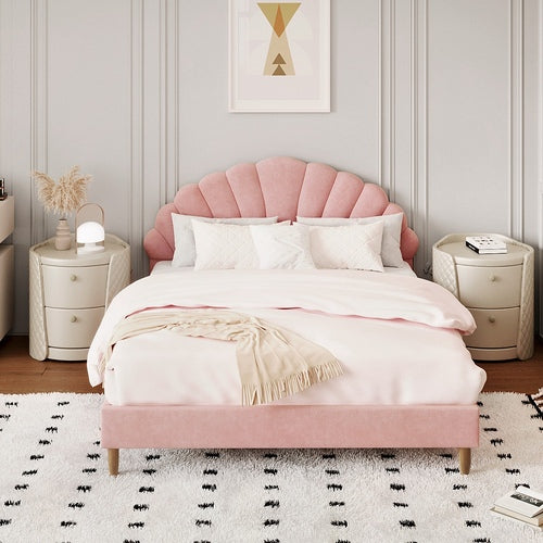 BF-B-ELSA-D-PK-AB Oikiture Bed Frame Queen Size Scallop-Shape Bedhead Pink Velvet