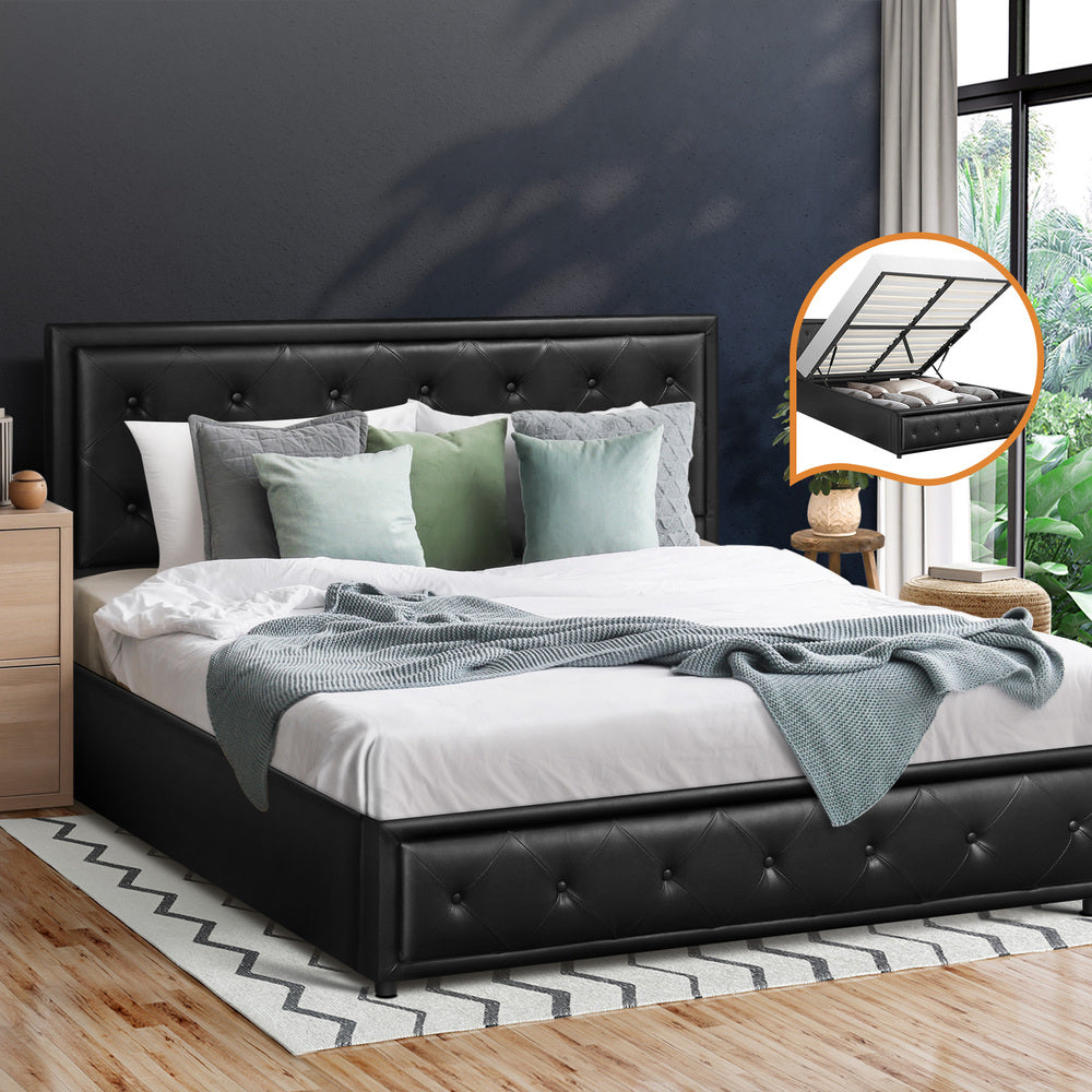 BF-B-ENZO-D-BK-ABC Oikiture Double Bed Frame with Storage Space Gas Lift Black