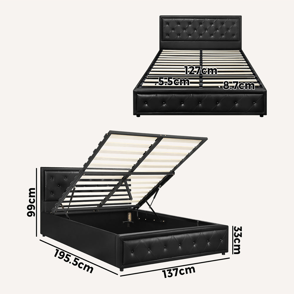 BF-B-ENZO-D-BK-ABC Oikiture Double Bed Frame with Storage Space Gas Lift Black