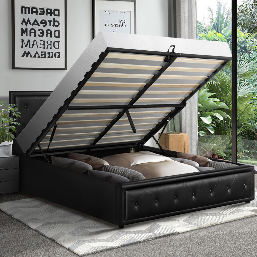 BF-B-ENZO-D-BK-ABC Oikiture Double Bed Frame with Storage Space Gas Lift Black