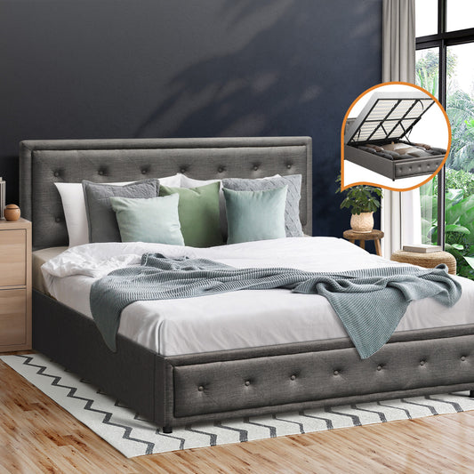 BF-B-ENZO-K-GY-ABC Oikiture King Bed Frame with Storage Space Gas Lift Grey