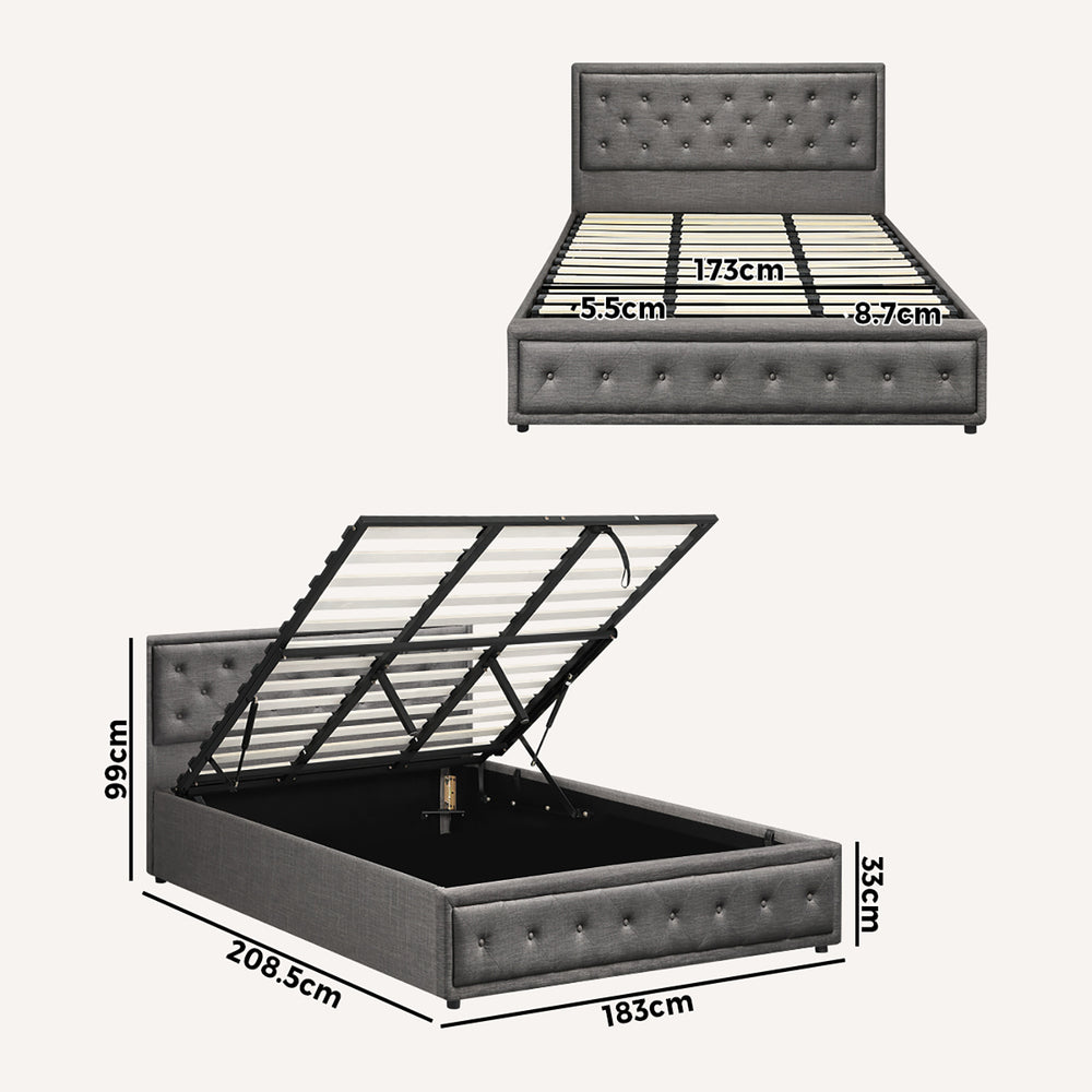 BF-B-ENZO-K-GY-ABC Oikiture King Bed Frame with Storage Space Gas Lift Grey