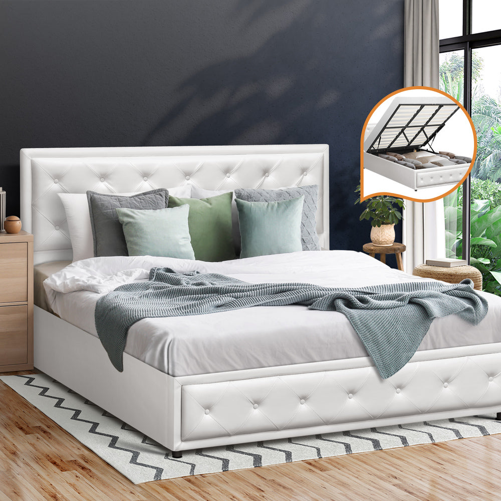 BF-B-ENZO-K-WH-ABC Oikiture King Bed Frame with Storage Space Gas Lift White