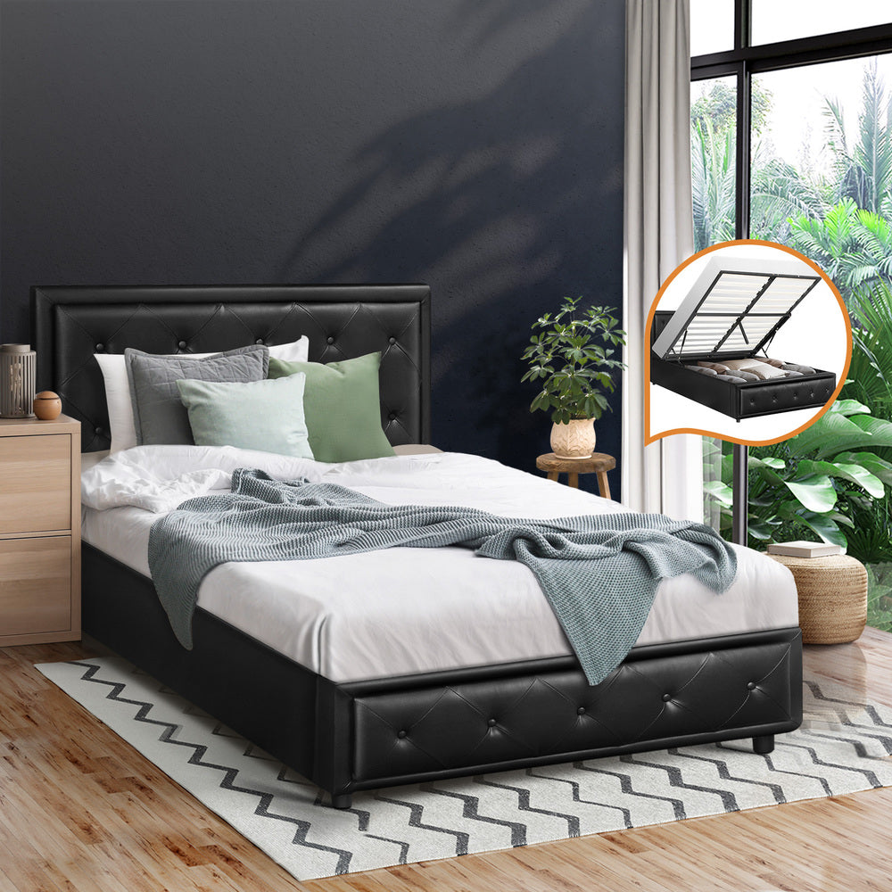 BF-B-ENZO-KS-BK-ABC Oikiture King Single Bed Frame with Storage Space Gas Lift Black
