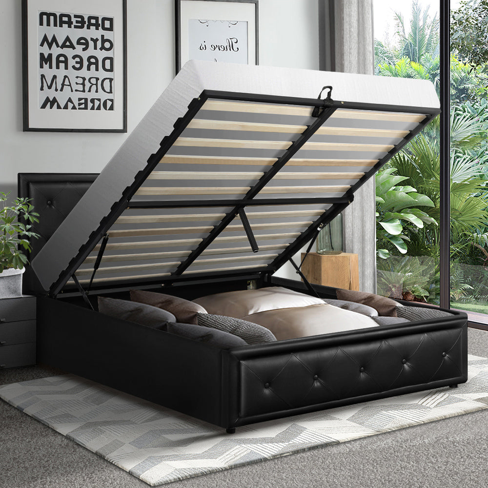 BF-B-ENZO-KS-BK-ABC Oikiture King Single Bed Frame with Storage Space Gas Lift Black