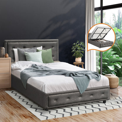 BF-B-ENZO-KS-GY-ABC Bed Frame King Single Size Gas Lift Base With Storage Grey Fabric