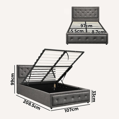 BF-B-ENZO-KS-GY-ABC Bed Frame King Single Size Gas Lift Base With Storage Grey Fabric