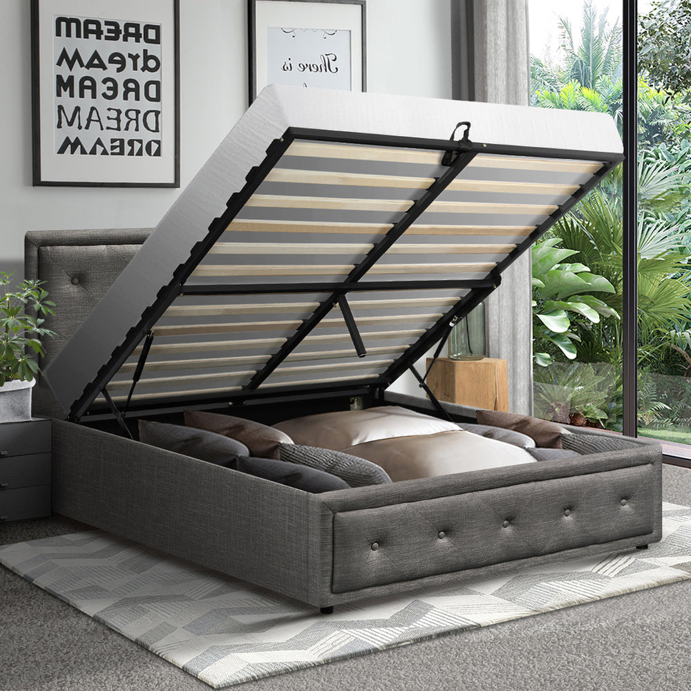 BF-B-ENZO-KS-GY-ABC Bed Frame King Single Size Gas Lift Base With Storage Grey Fabric