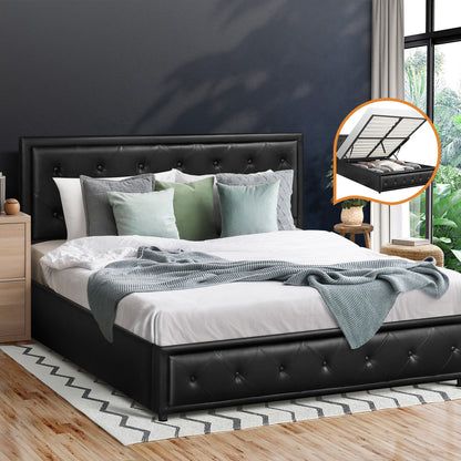 BF-B-ENZO-Q-BK-ABC Oikiture Queen Bed Frame with Storage Space Gas Lift Black