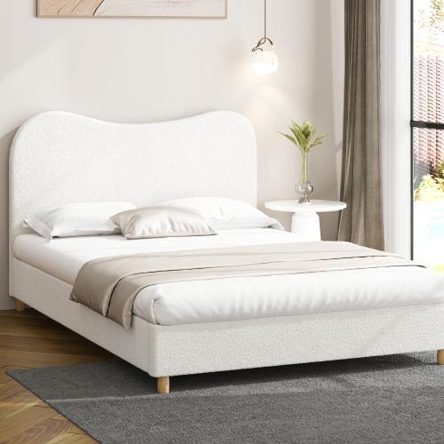 BF-B-KLAO-D-SP-WH-AB Oikiture Bed Frame Double Size White Boucle Cloud Shape