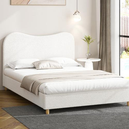 BF-B-KLAO-D-SP-WH-AB Oikiture Bed Frame Double Size White Boucle Cloud Shape