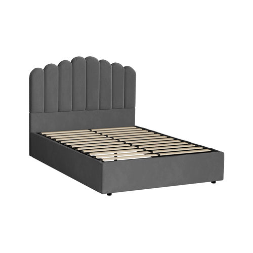 BF-B-KLON-D-GY-ABC Oikiture Bed Frame Double Size Gas Lift Bed Base With Storage Velvet KLON