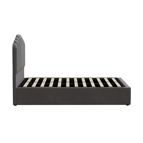 BF-B-KLON-D-GY-ABC Oikiture Bed Frame Double Size Gas Lift Bed Base With Storage Velvet KLON