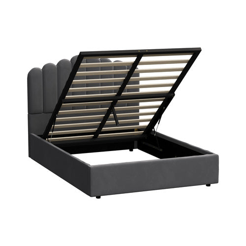 BF-B-KLON-D-GY-ABC Oikiture Bed Frame Double Size Gas Lift Bed Base With Storage Velvet KLON