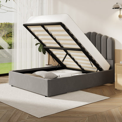 BF-B-KLON-D-GY-ABC Oikiture Bed Frame Double Size Gas Lift Bed Base With Storage Velvet KLON