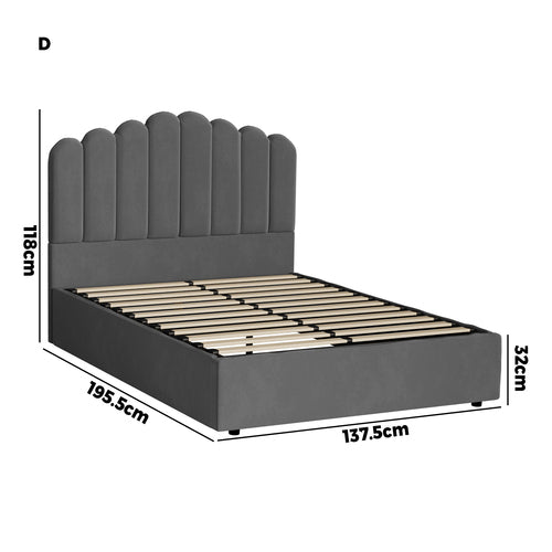 BF-B-KLON-D-GY-ABC Oikiture Bed Frame Double Size Gas Lift Bed Base With Storage Velvet KLON