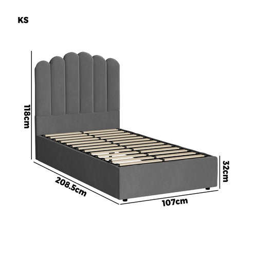 BF-B-KLON-KS-GY-ABC Oikiture Bed Frame King Single Gas Lift Velvet Grey