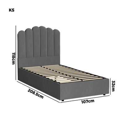 BF-B-KLON-KS-GY-ABC Oikiture Bed Frame King Single Gas Lift Velvet Grey
