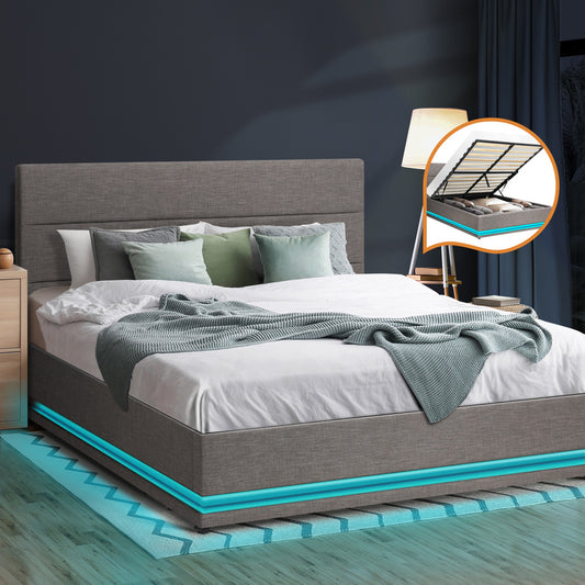 BF-B-LAYZ-D-GY-ABC Oikiture Double Bed Frame with Gas Lift LED Storage Space Grey