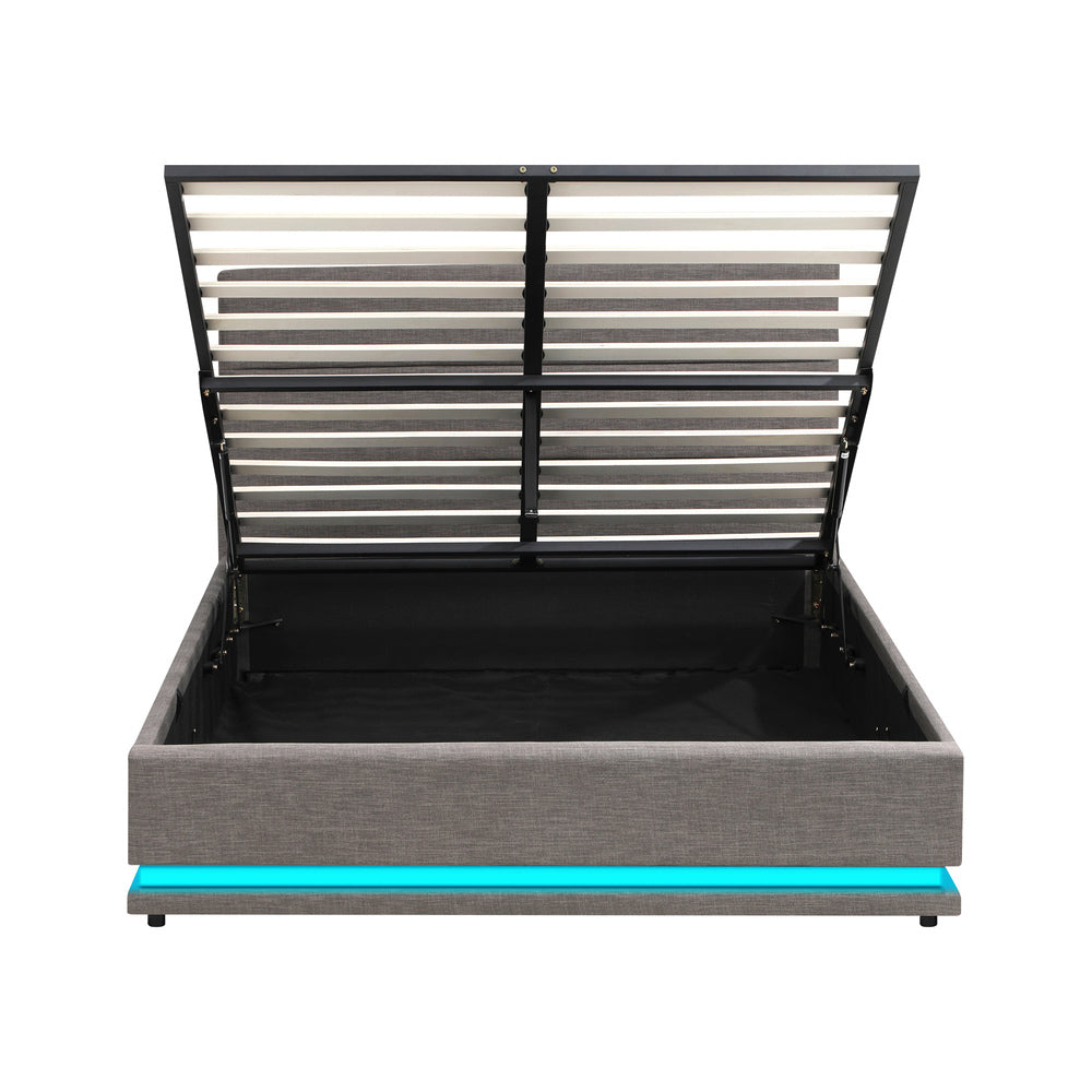 BF-B-LAYZ-D-GY-ABC Oikiture Double Bed Frame with Gas Lift LED Storage Space Grey
