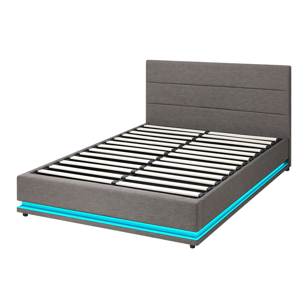 BF-B-LAYZ-D-GY-ABC Oikiture Double Bed Frame with Gas Lift LED Storage Space Grey
