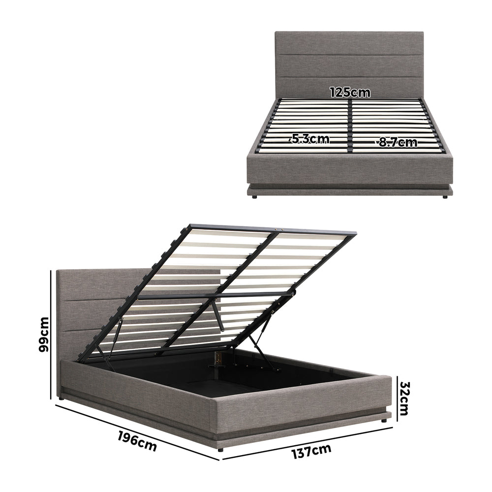 BF-B-LAYZ-D-GY-ABC Oikiture Double Bed Frame with Gas Lift LED Storage Space Grey