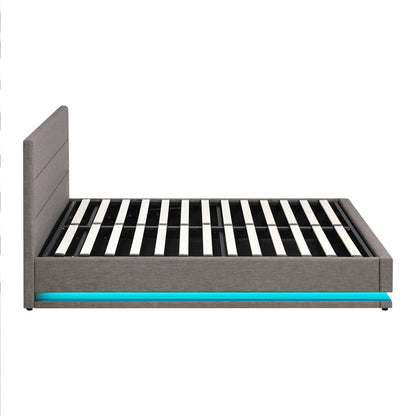 BF-B-LAYZ-D-GY-ABC Oikiture Double Bed Frame with Gas Lift LED Storage Space Grey