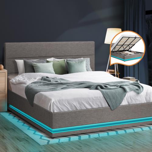 BF-B-LAYZ-K-GY-ABC Oikiture Bed Frame King Size Bed Platform RGB LED Gas Lift Base Storage Grey