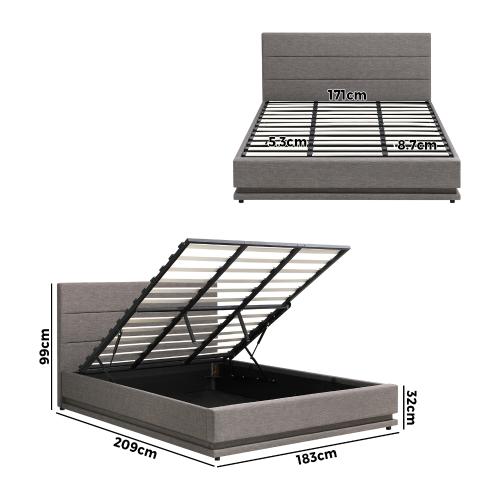 BF-B-LAYZ-K-GY-ABC Oikiture Bed Frame King Size Bed Platform RGB LED Gas Lift Base Storage Grey