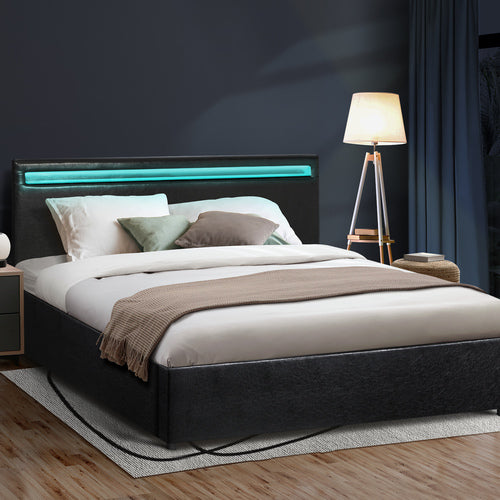 Oikiture Bed Frame RGB LED Double Size Gas Lift Storage Base Black
