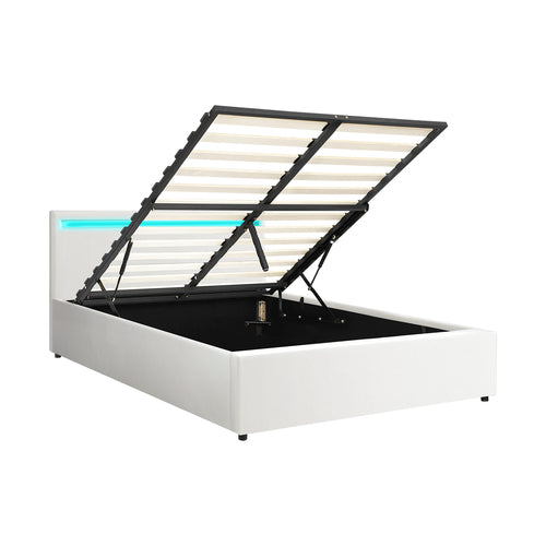 BF-B-MARC-Q-WH-ABC Oikiture Bed Frame Queen Size RGB LED Gas Lift Storage Base White