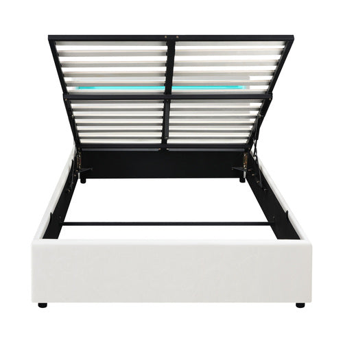 BF-B-MARC-Q-WH-ABC Oikiture Bed Frame Queen Size RGB LED Gas Lift Storage Base White