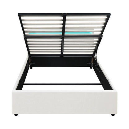 BF-B-MARC-Q-WH-ABC Oikiture Bed Frame Queen Size RGB LED Gas Lift Storage Base White