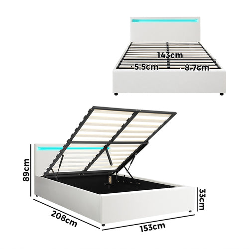 BF-B-MARC-Q-WH-ABC Oikiture Bed Frame Queen Size RGB LED Gas Lift Storage Base White
