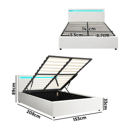 BF-B-MARC-Q-WH-ABC Oikiture Bed Frame Queen Size RGB LED Gas Lift Storage Base White