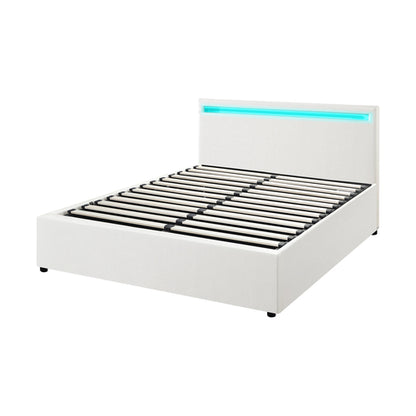 BF-B-MARC-Q-WH-ABC Oikiture Bed Frame Queen Size RGB LED Gas Lift Storage Base White