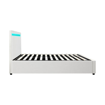 BF-B-MARC-Q-WH-ABC Oikiture Bed Frame Queen Size RGB LED Gas Lift Storage Base White