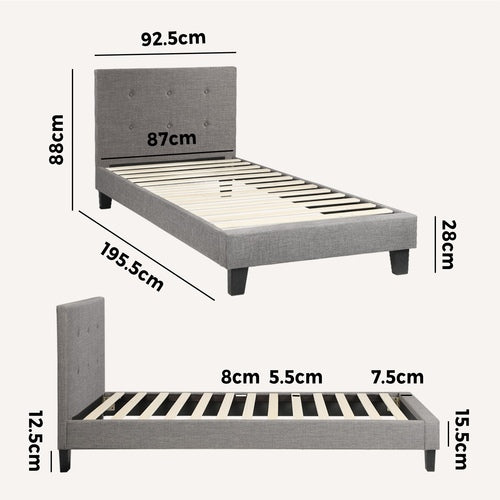 BF-B-POLO-S-GY-AB Oikiture Bed Frame Single Size Bed Platform Wooden Fabric Grey