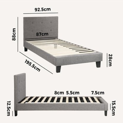 BF-B-POLO-S-GY-AB Oikiture Bed Frame Single Size Bed Platform Wooden Fabric Grey