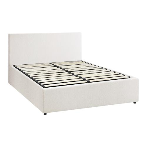 BF-B-UNO-D-WH-ABC Oikiture Bed Frame Double Size Gas Lift Base With Storage (White Boucle)