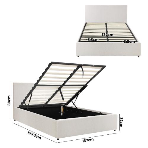 BF-B-UNO-D-WH-ABC Oikiture Bed Frame Double Size Gas Lift Base With Storage (White Boucle)