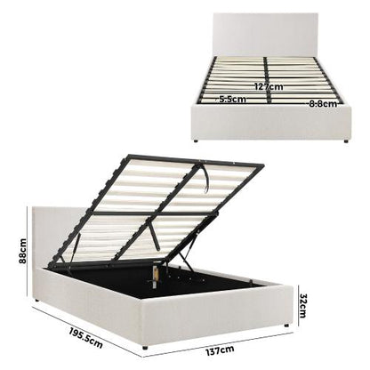 BF-B-UNO-D-WH-ABC Oikiture Bed Frame Double Size Gas Lift Base With Storage (White Boucle)