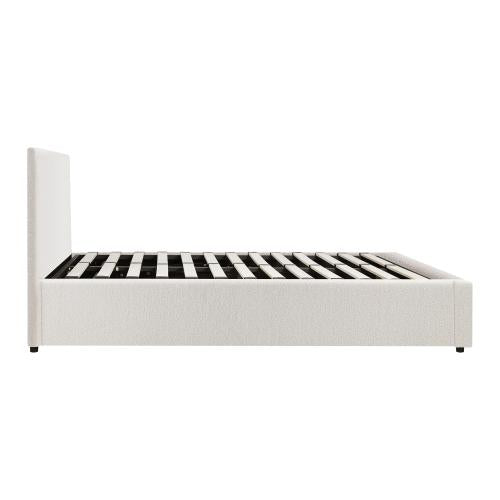 BF-B-UNO-D-WH-ABC Oikiture Bed Frame Double Size Gas Lift Base With Storage (White Boucle)