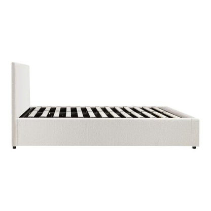 BF-B-UNO-D-WH-ABC Oikiture Bed Frame Double Size Gas Lift Base With Storage (White Boucle)