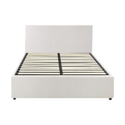 BF-B-UNO-D-WH-ABC Oikiture Bed Frame Double Size Gas Lift Base With Storage (White Boucle)