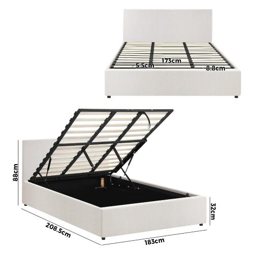 BF-B-UNO-K-WH-ABC Oikiture King Bed Frame Gas Lift Storage Base White Boucle