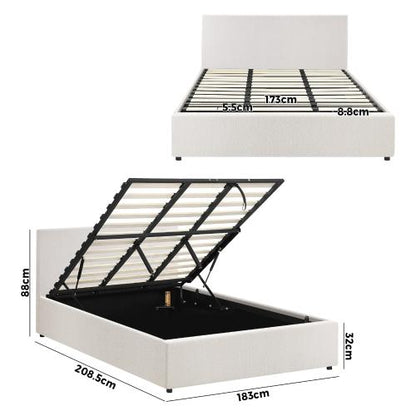 BF-B-UNO-K-WH-ABC Oikiture King Bed Frame Gas Lift Storage Base White Boucle
