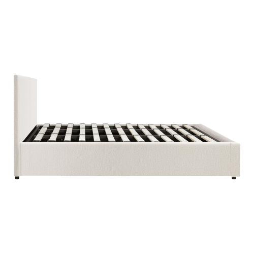 BF-B-UNO-K-WH-ABC Oikiture King Bed Frame Gas Lift Storage Base White Boucle