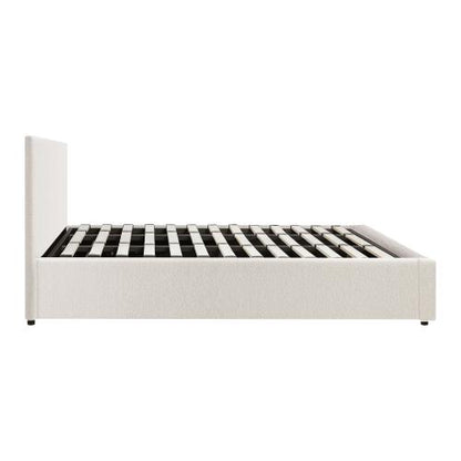 BF-B-UNO-K-WH-ABC Oikiture King Bed Frame Gas Lift Storage Base White Boucle