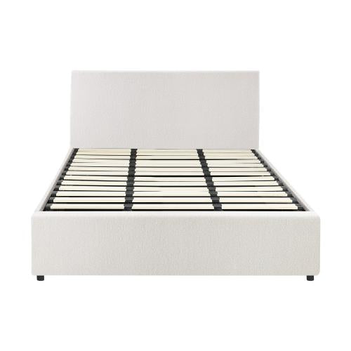 BF-B-UNO-K-WH-ABC Oikiture King Bed Frame Gas Lift Storage Base White Boucle